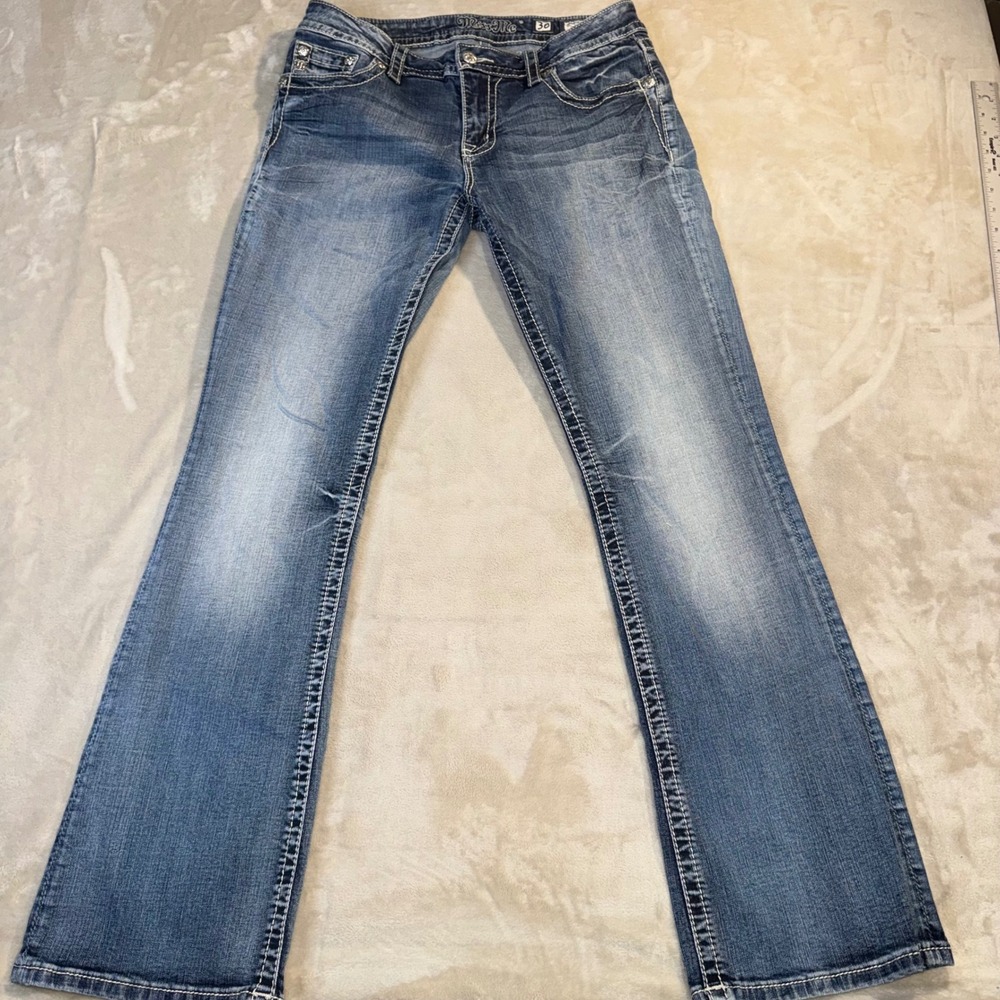 Miss Me Signature Bootcut Jeans Wing Pocket Rhinestone J3252BR Blue Denim 30